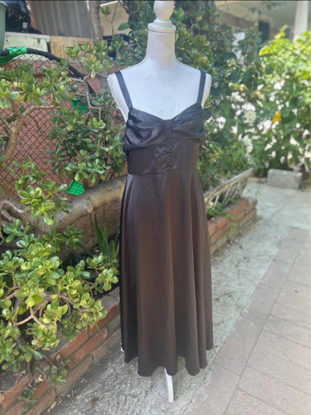 SHEIN Chocolate Brown Satin Midi Dress with Spaghetti Straps